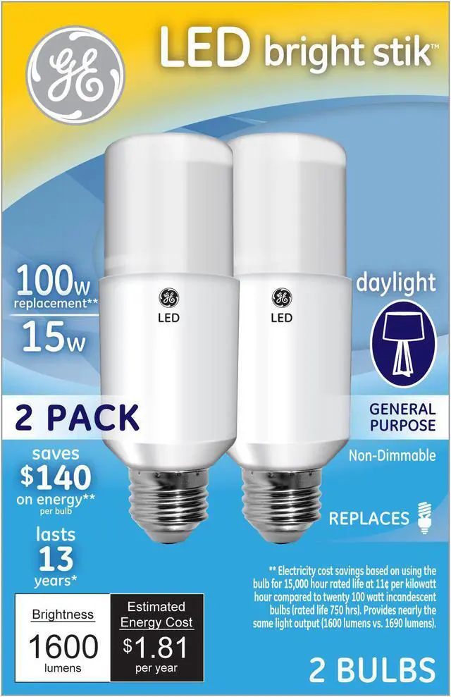 Alt view image 2 of 3 - GE Lighting 63869 LED Brightstik 15-watt (100-watt Replacement), 1600-Lumen Light Bulb with Medium Base, Daylight, 2-Pack