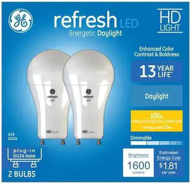 Main image of GE refresh LED 100 watt equivalent A19 Daylight Dimmable Light Bulb GU24 plug-in base (2 pack)