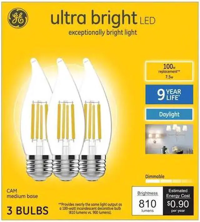 Main image of GE ultrabright LED 100 watt equivalent CA12 Daylight Dimmable Decorative Light Bulb (3-Pack)