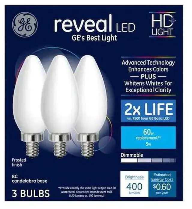Main image of GE reveal LED HD light 60 watt replacement, BC, candelabra base, frosted finish, dimmable LED (3 bulbs)