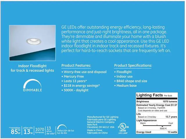 Alt view image 3 of 3 - (pack of 4 bulbs) GE 92174 LED Dimmable flood BR40 5000K 85 watt equivalent using only 13 watts