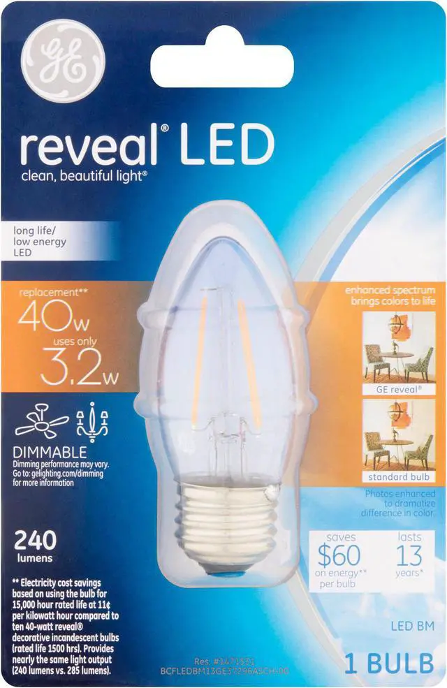 Main image of (pack of 3) GE Reveal LED 40 watt equivalent BM LED Bulb, Clear, Dimmable LED Light Bulb