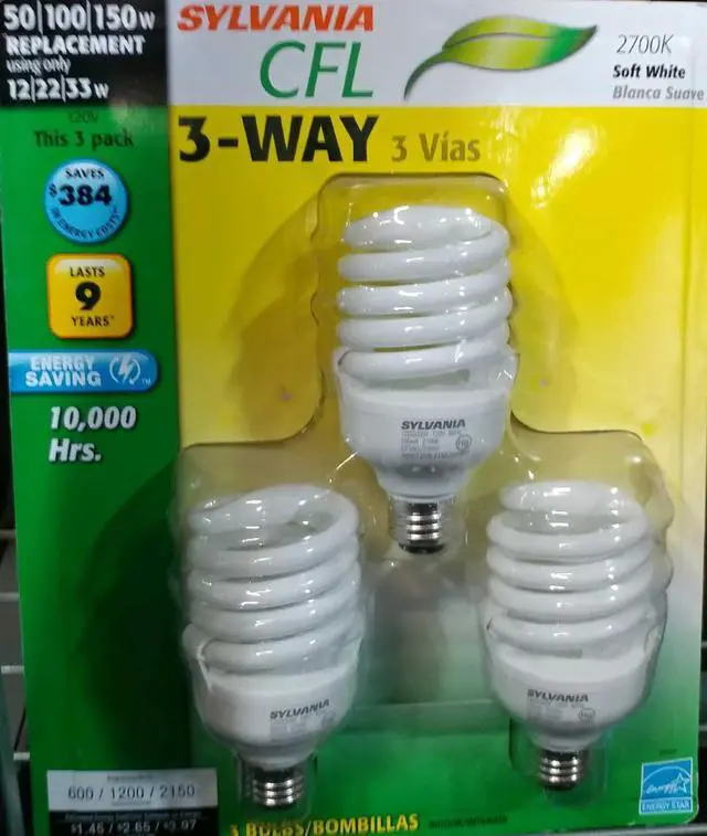 Main image of (3 pack) Sylvania CFL 3-Way 50/100/150 watt equivalent 600/1200/2150 lumens, Soft White 2700K Compact Fluorescent Light Bulbs