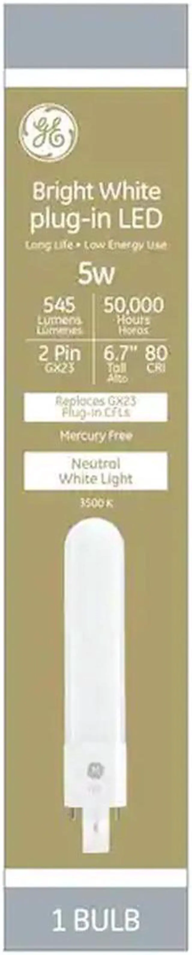 Main image of GE 30543 plug-in LED Neutral White 3500K, 5 watts 545 lumens 2 pin GX23 socket,  3500K LED upgrade replacement for CFL compact fluorescent Plug-in GX23 bulb, LED5GX23/835