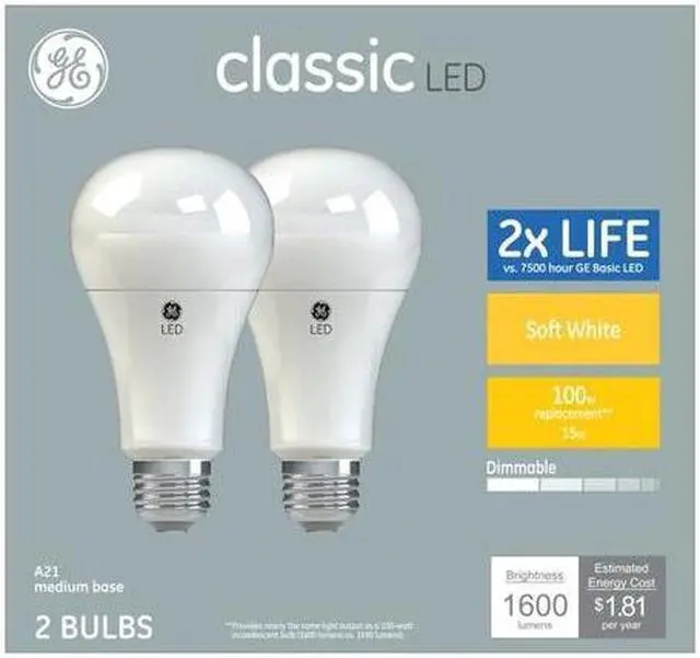 Main image of GE classic LED 100 watt equivalent A19 Soft White Dimmable LED (2 Pack)