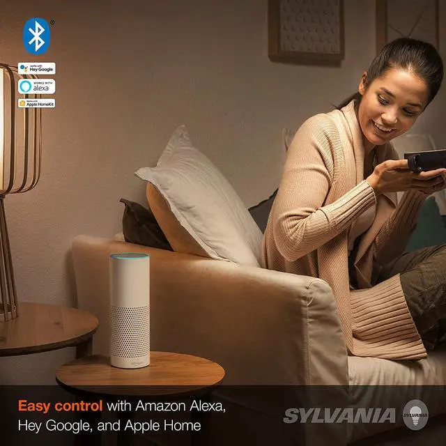 Alt view image 2 of 6 - (4 pack)Sylvania Smart+ Bluetooth Clear Filament White A19 LED Bulb, Compatible with Alexa, Apple HomeKit and Google Assistant