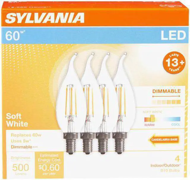 Main image of Sylvania LED Decorative Candle B10 light bulbs Soft White Dimmable Bent Tip Candelabra base (4 pack)