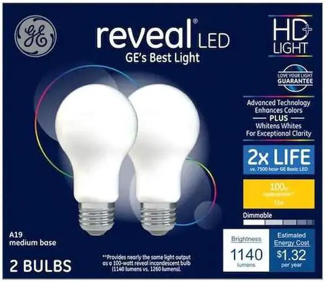 Main image of GE reveal LED 100 watt equivalent A19 Dimmable HD light (2 bulbs)