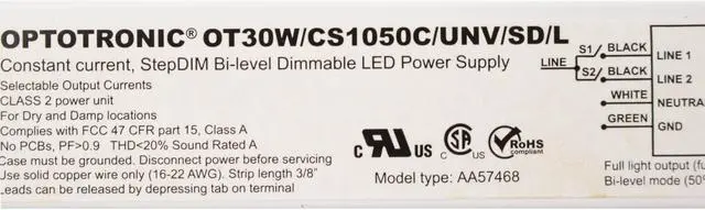 Alt view image 3 of 4 - Optotronic OT30W/CS1050C/UNV/SD/L Dimmable LED Power Supply 120/277V