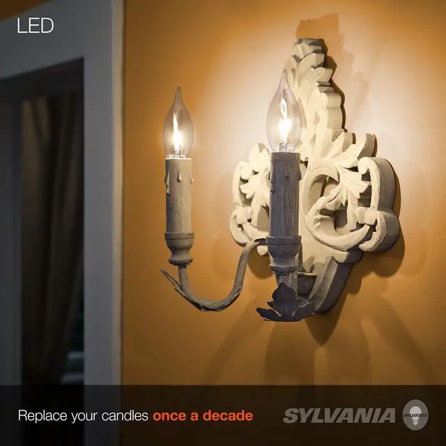 Alt view image 6 of 7 - SYLVANIA LED Light Bulb Decor, 60W B10 Soft White Candelabra Base, Dimmable, Clear, Candle Tip - 12 Pack (40206)