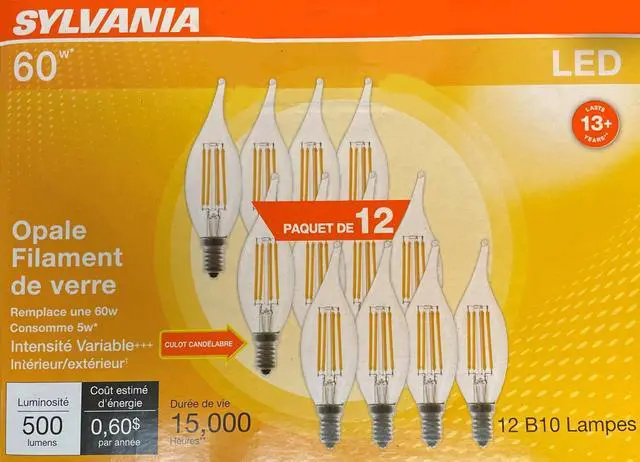 Alt view image 2 of 7 - SYLVANIA LED Light Bulb Decor, 60W B10 Soft White Candelabra Base, Dimmable, Clear, Candle Tip - 12 Pack (40206)
