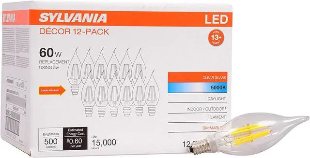 Main image of (12 bulbs) Sylvania 40207 Decorative Decor LED Candle, Bent Tip, 500 Lumen, Filament, Dimmable Daylight Indoor Outdoor 60 watt replacement Light Bulb