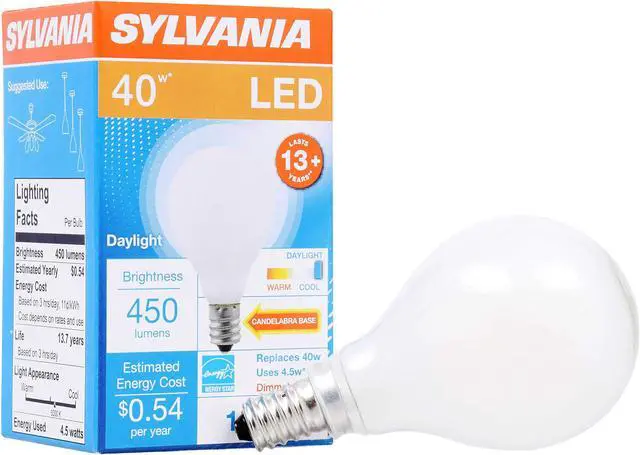 Main image of (4 bulbs) SYLVANIA A15 LED Light Bulb, 40W Equivalent Efficient 4.5W, Dimmable, 450 Lumens, 5000K Daylight, Frosted, Candelabra base