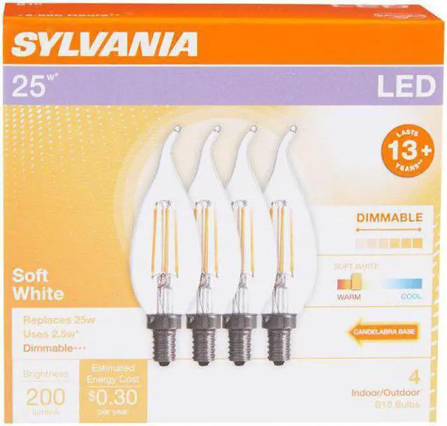 Main image of (12 bulbs) Sylvania LED Candle Flame B10 Bent Tip, 25 watt equivalent, Dimmable, Candelabra Base Filament LED Light Bulb