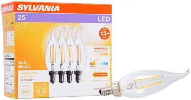 Alt view image 4 of 4 - (4 pack) Sylvania LED Candle Flame B10 Bent Tip, 25 watt equivalent, Dimmable, Candelabra Base Filament LED Light Bulb