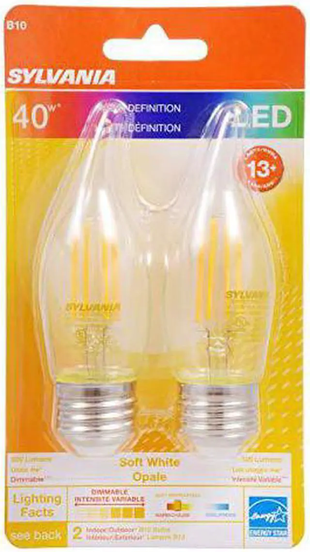 Alt view image 2 of 5 - SYLVANIA B10 High-Definition LED Light Bulb, 4W Equivalent, 13 Year, Bent Tip, Medium Base, 320 Lumens, 2700K, Soft White, Clear - 2 Pack (40184)