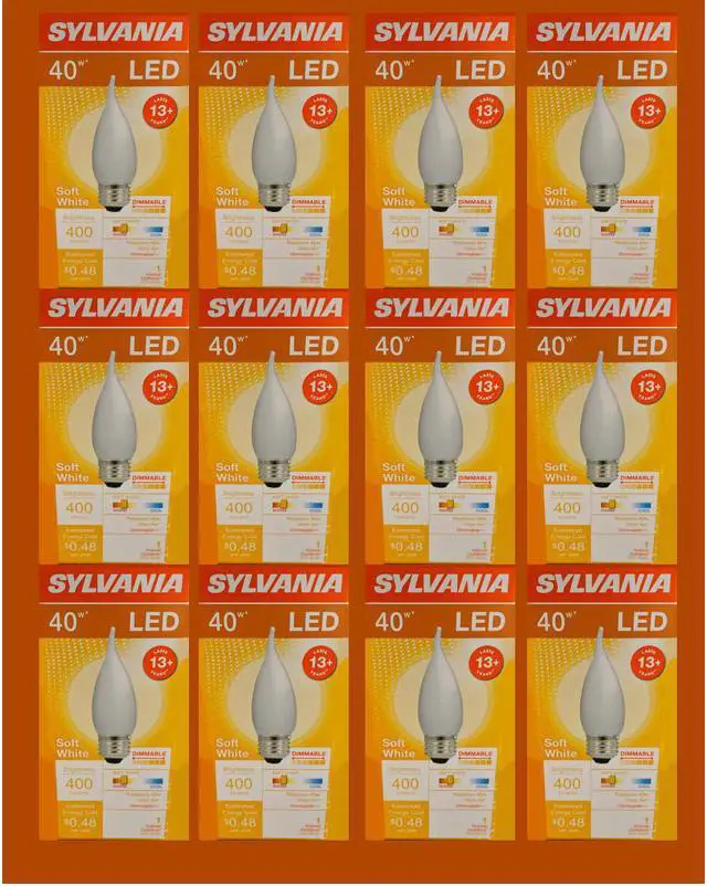 Main image of (12 bulbs) Sylvania 40451 LED B10 Candle Flame Light Bulb, Medium Base, Frosted, Dimmable, Soft White, 40 watt equivalent, Indoor Outdoor Light Bulb