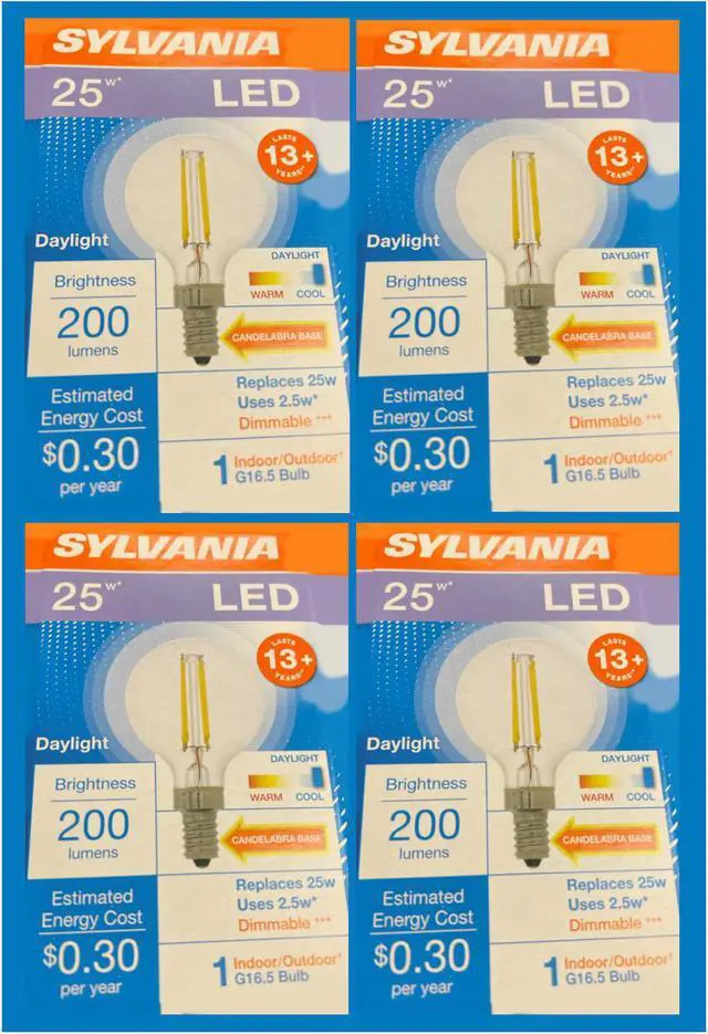 Main image of (4 pack) Sylvania LED G16.5 Globe, 25 watt equivalent, Daylight, Dimmable, Indoor Outdoor, Candelabra base LED Light Bulb