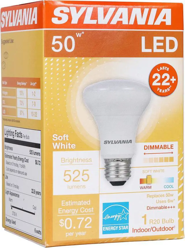 Alt view image 4 of 4 - Sylvania R20 LED Bulb, 50W Equivalent Efficient 6W, Dimmable, 22 Years, 525 Lumens, 2700K, Soft White, Frosted - 1 Pack (40371)