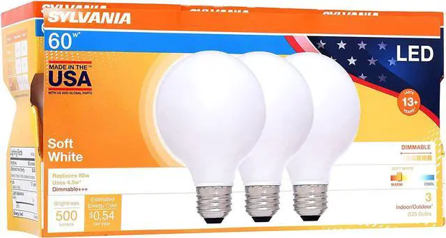 Main image of SYLVANIA 40363, Soft White 60 Watt Equivalent, G25 LED Light Bulbs, Dimmable, Color 2700K, Made in The USA with US and Global Parts, 3 Pack
