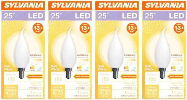 Main image of (4 bulbs) Sylvania LED Frosted B10, Candelabra base, 25 watt equivalent, Dimmable, Soft White, 165 lumen LED Light Bulb