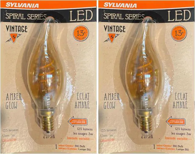 Main image of (2 bulbs) Sylvania Vintage LED B10 Bulb, Spiral Filament, 125 lumens, Amber Glow, 3 watts, Dimmable, Candelabra base LED Light Bulb