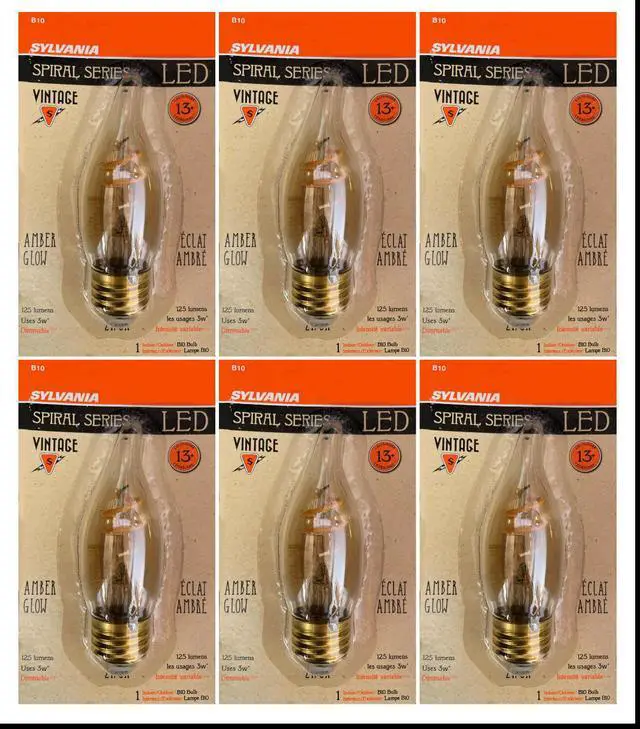 Main image of (6 bulbs) Sylvania 40502 Vintage LED, B10 Candle Flame, Dimmable, 2200K, Spiral Filament, Amber Glow, 125 lumens LED light bulb