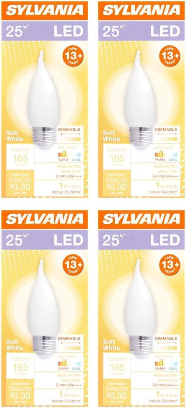 Main image of (4 bulbs) Sylvania LED Chandelier Light Bulb, 25 watt, Soft White, Dimmable, Medium Base, B10 shape, Frosted