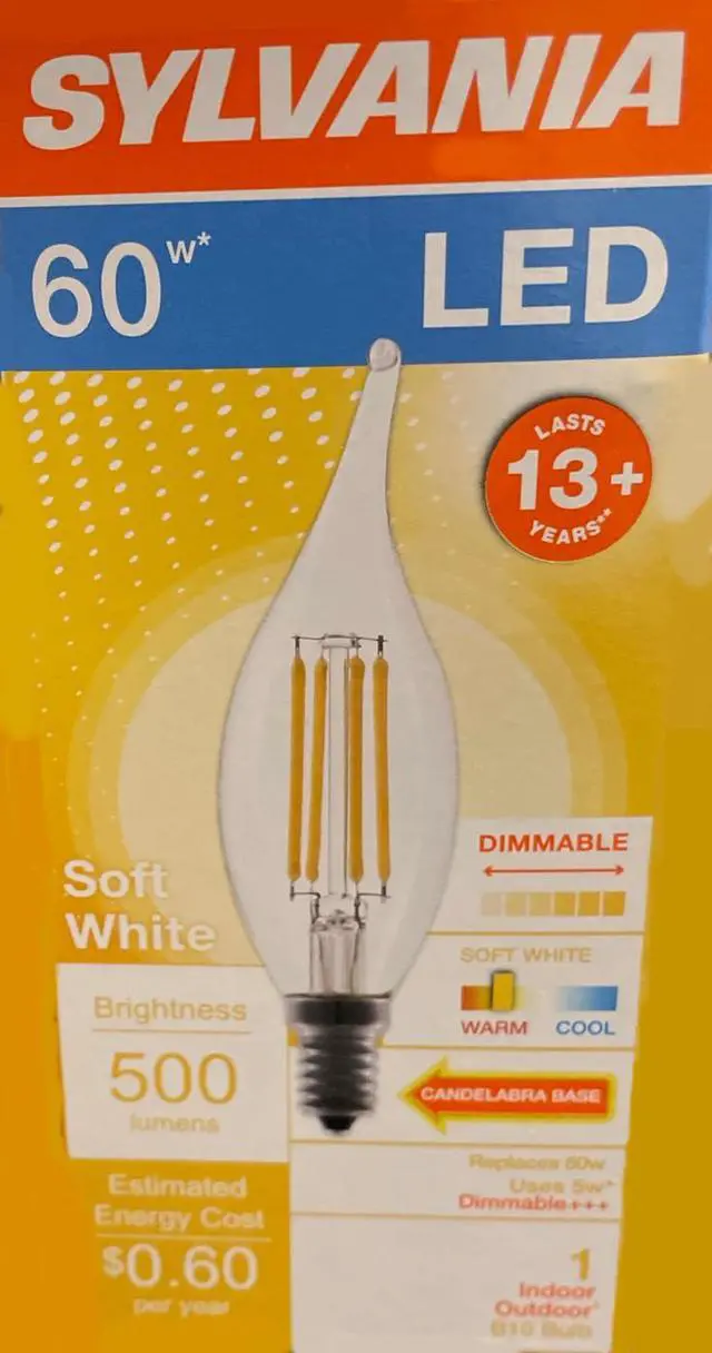 Main image of (4 bulbs) Sylvania LED B10 60 watt equivalent, Candelabra Base, Dimmable Indoor Outdoor, Soft White Clear, LED Light Bulb