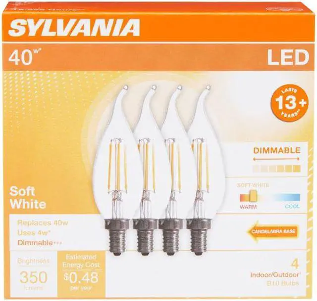 Main image of (4 pack) Sylvania 40385 LED Candle Flame B10 Light Bulb, 40 watt equivalent, Indoor Outdoor, Dimmable, Candelabra Base, Soft White
