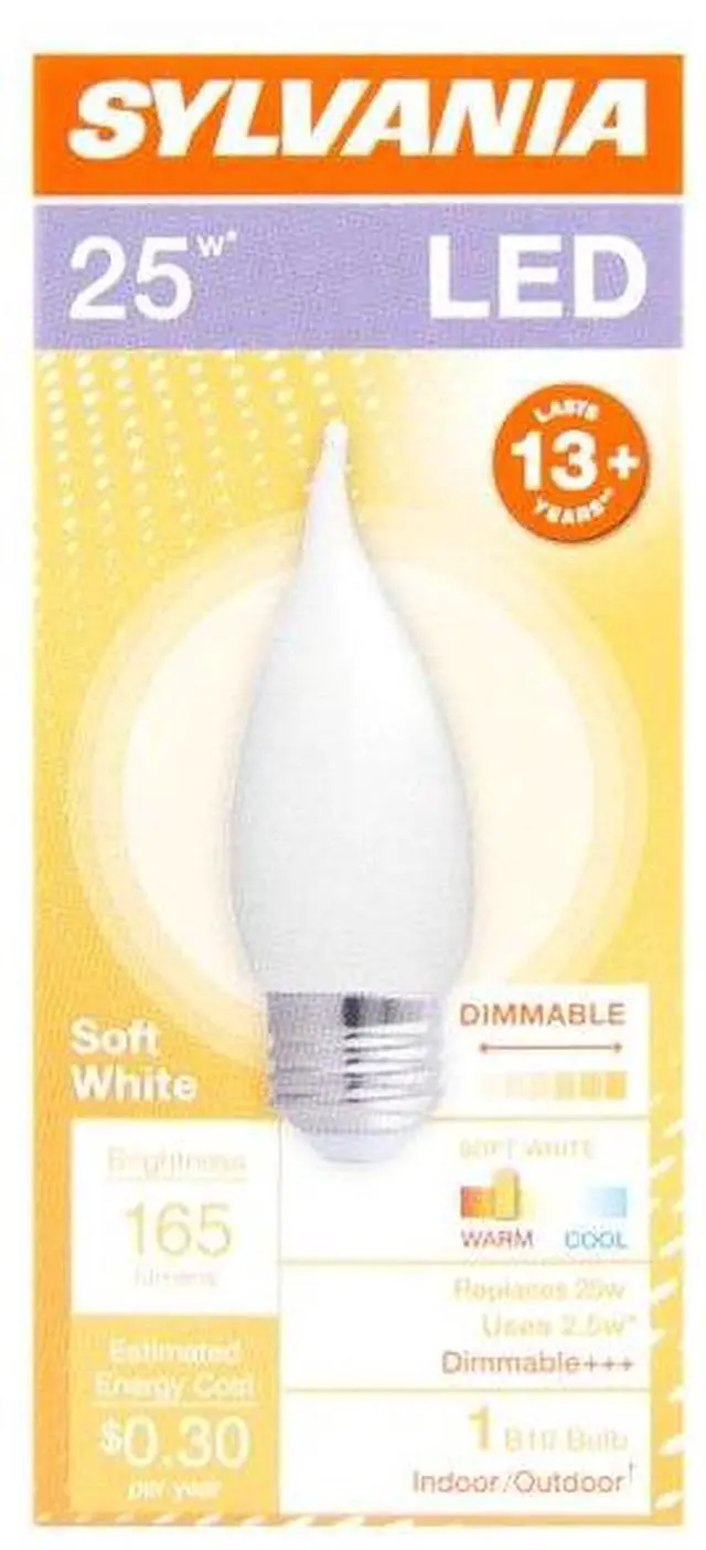 Alt view image 2 of 3 - (12 bulbs) Sylvania LED Chandelier Light Bulb, 25 watt, Soft White, Dimmable, Medium Base, B10 shape, Frosted