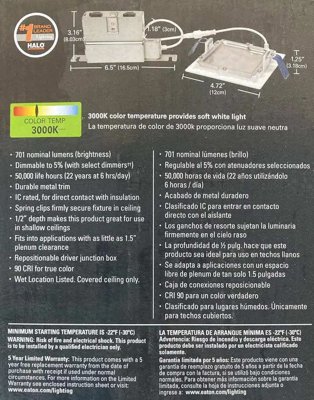 Alt view image 4 of 4 - Halo HLB 4 inch square LED Ultra Thin Downlight, Direct Ceiling Mount, 4 inches square LED Kit, White, Dimmable, 60 watt replacement, 3000K