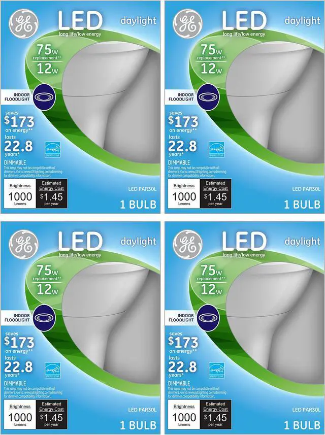 Main image of (4 bulbs) GE Lighting 96852 LED Indoor Floodlight, Dimmable, 12-watt (75-watt Equivalent) 1000 Lumen PAR30L Light Bulb with Medium Base, Daylight