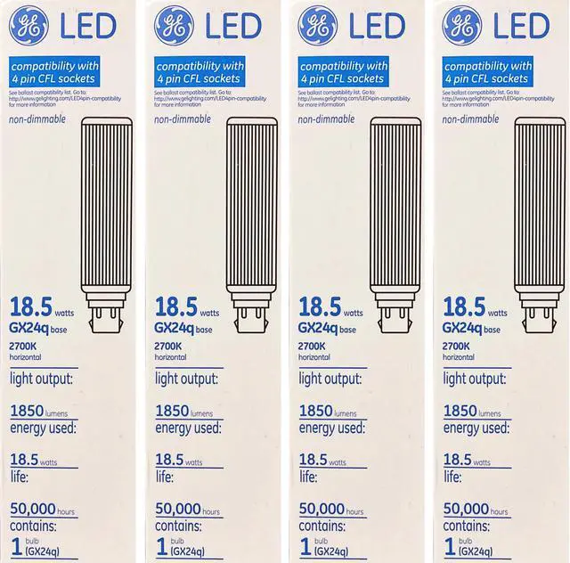 Alt view image 2 of 3 - (4 bulbs) GE 39289 LED replacement for CFL, 18.5 watts, GX24q base, compatibility with 4 pin CFL sockets