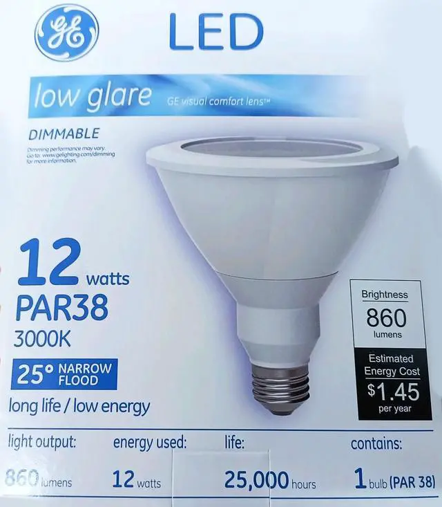 Main image of GE 84463 LED low glare PAR38, 12 watt, Dimmable, 860 lumens, 3000K, LED Narrow Flood Light Bulb with visual comfort lens