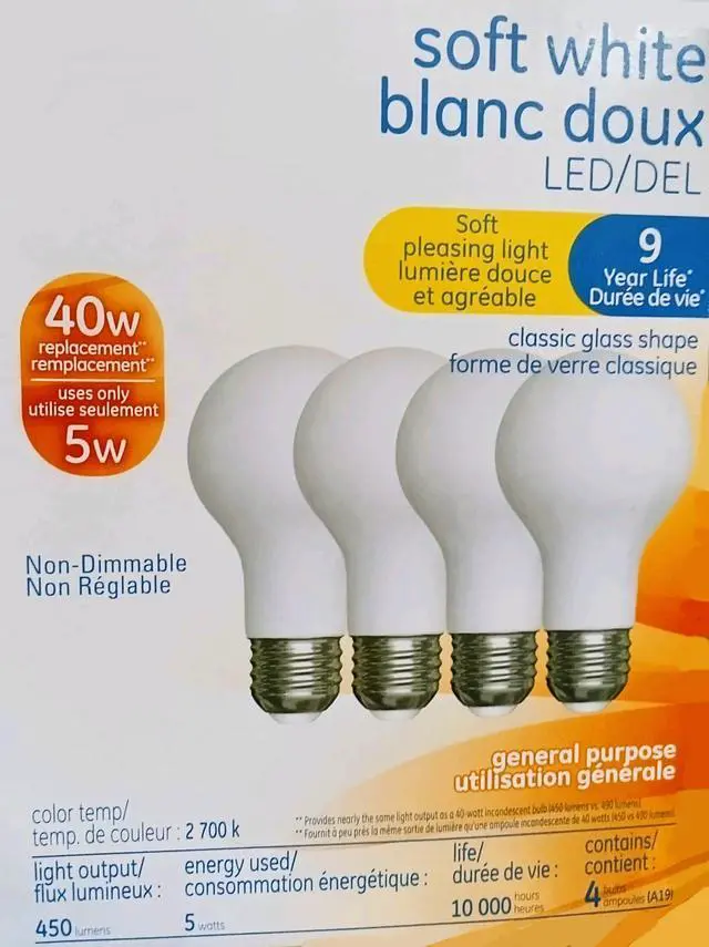 Main image of (4 pack) GE Lighting soft white LED A19, 40 watt equivalent, medium base, 450 lumen LED light bulb