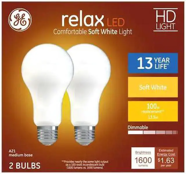 Main image of GE relax LED 100 watt equivalent A21 Soft White Dimmable LED light bulb (2 pack) relax LED HD Ligh
