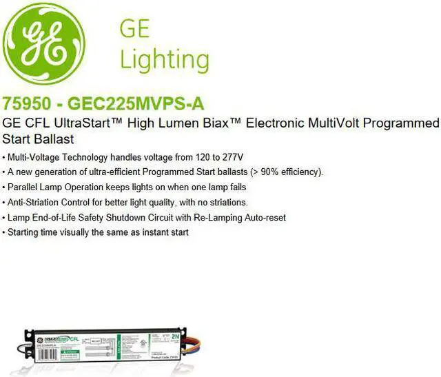 Alt view image 3 of 3 - Ge Current CFL Ballast,Programmed Start,28W,2 Bulbs HAWA GEC225MVPS-A