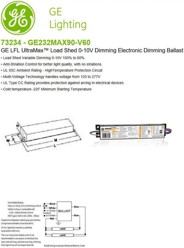 Alt view image 2 of 2 - (case of 10) GE 73234 - GE232MAX90-V60 LFL UltraMax Load Shed Dimming Electronic Dimming Ballast