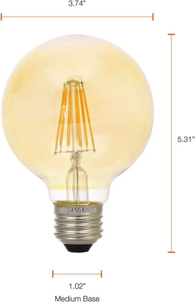 Alt view image 7 of 7 - (6 bulbs) SYLVANIA LED Vintage G25 40W Equivalent, Efficient 4.5W, E26 Medium Base, Dimmable 2175K Amber Glow Light Bulb