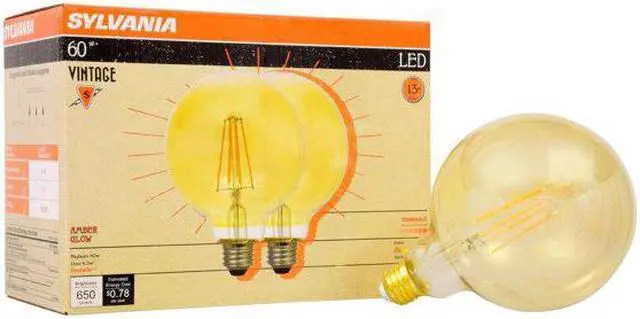 Main image of (2 bulbs) Sylvania 40069 LED Vintage G40 Globe, Amber Glow, 60 watt replacement using only 6.5 watts, 650 lumens, Dimmable