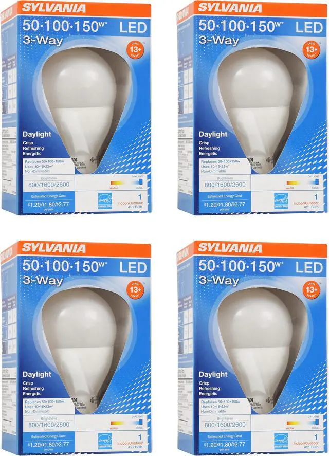 Main image of (4 bulbs) SYLVANIA A21 LED Light Bulb, 3 Way, 50W/ 100W/ 150W, 13 Year, Non-Dimmable, Up to 2600 Lumens, 5000K, Daylight (79770)