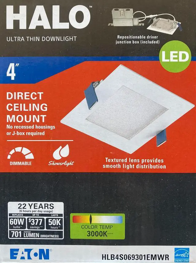 Alt view image 2 of 4 - Halo HLB4S069301EMWR LED Ultra Thin Downlight, 4 inch square, Recessed Integrated LED Kit, White, Dimmable