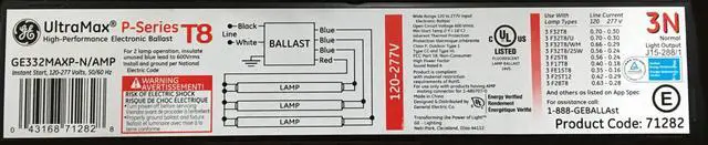 Main image of (case of 10) GE 71282 UltraMax P-Series T8 High Performance Electronic Ballast, 3 or 2 Lamps, GE332MAXP-N/AMP, Instant Start