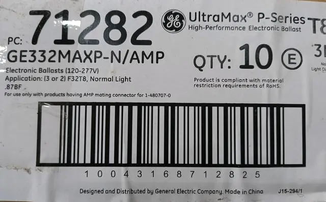 Alt view image 2 of 2 - (case of 10) GE 71282 UltraMax P-Series T8 High Performance Electronic Ballast, 3 or 2 Lamps, GE332MAXP-N/AMP, Instant Start
