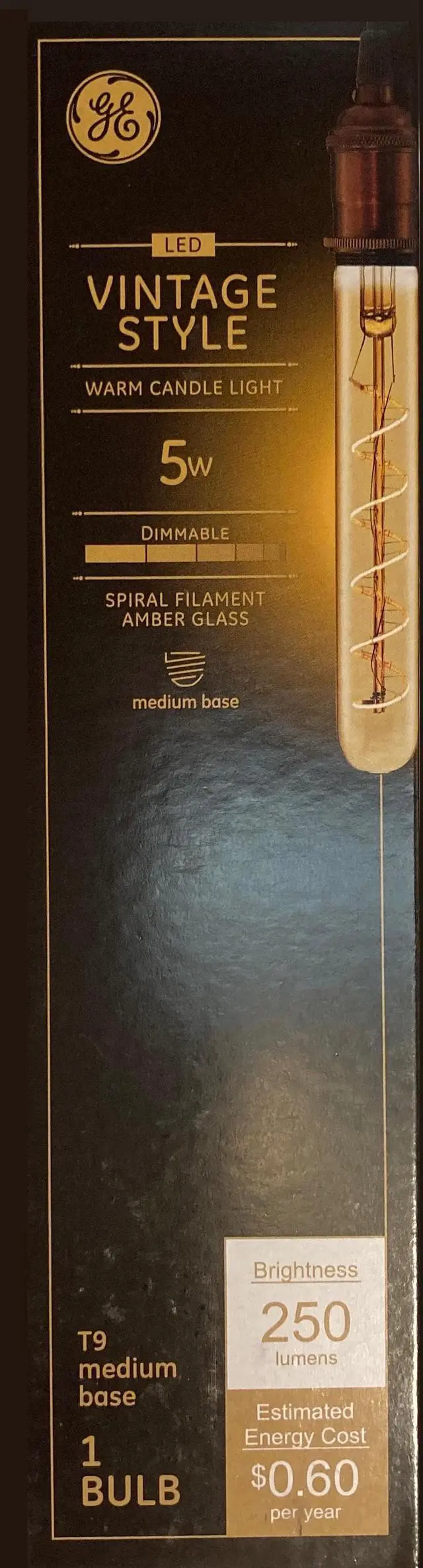 Alt view image 2 of 5 - GE 36725 Vintage Style LED Light Bulb, 60 watt equivalent, amber finish, T9 shape, Edison Style, Dimmable, Meandering Spiral filament