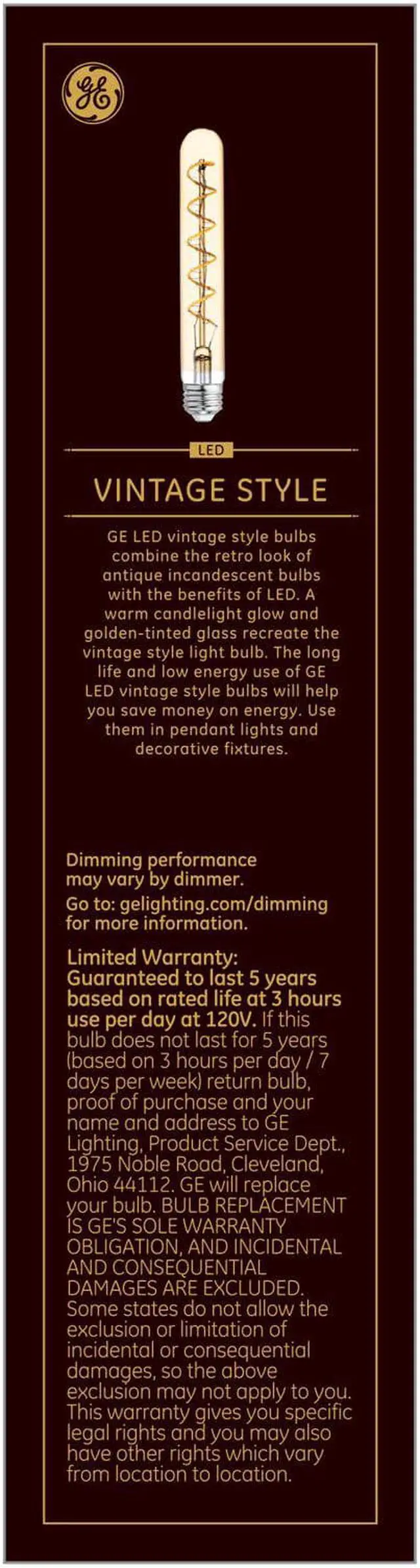 Alt view image 3 of 5 - GE 36725 Vintage Style LED Light Bulb, 60 watt equivalent, amber finish, T9 shape, Edison Style, Dimmable, Meandering Spiral filament