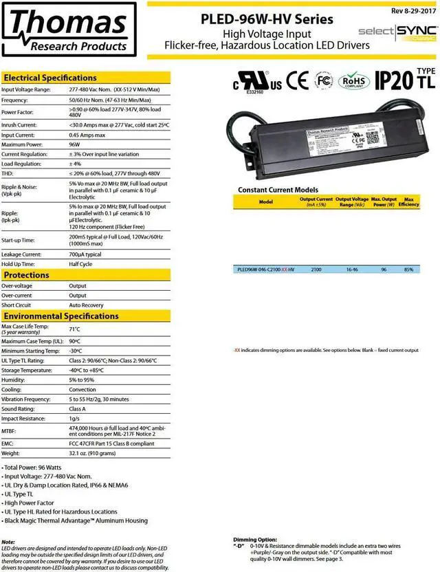Alt view image 3 of 3 - Hubbell Thomas Research Products 96 watt LED Driver PLED96W-046-C2100-D-HV Constant Current, Flicker Free, 277-480V, Hazardous Location Rated