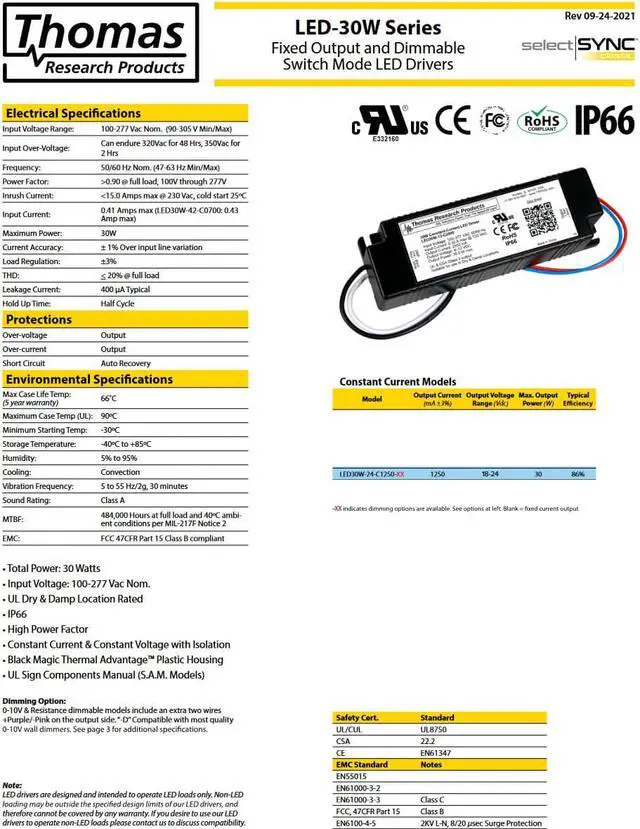 Alt view image 2 of 3 - Hubbell Thomas Research Products LED30W-24-C1250-D LED Driver, Constant Current, Dry and Damp Location Rated. Dimmable