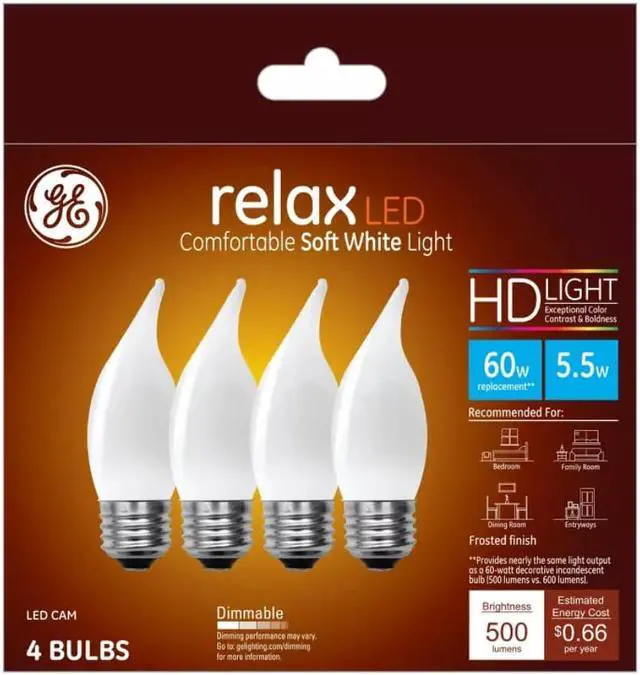 Main image of (pack of 4 bulbs) GE 48265 relax LED Decorative Chandelier light bulb, 60 watt equivalent, bent tip, HD Light, frosted, dimmable LED Light bulb